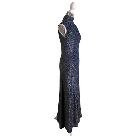 Vintage 1970s Sparkly Draped Mock Neck Maxi Dress Navy Blue - Picture 3 of 10